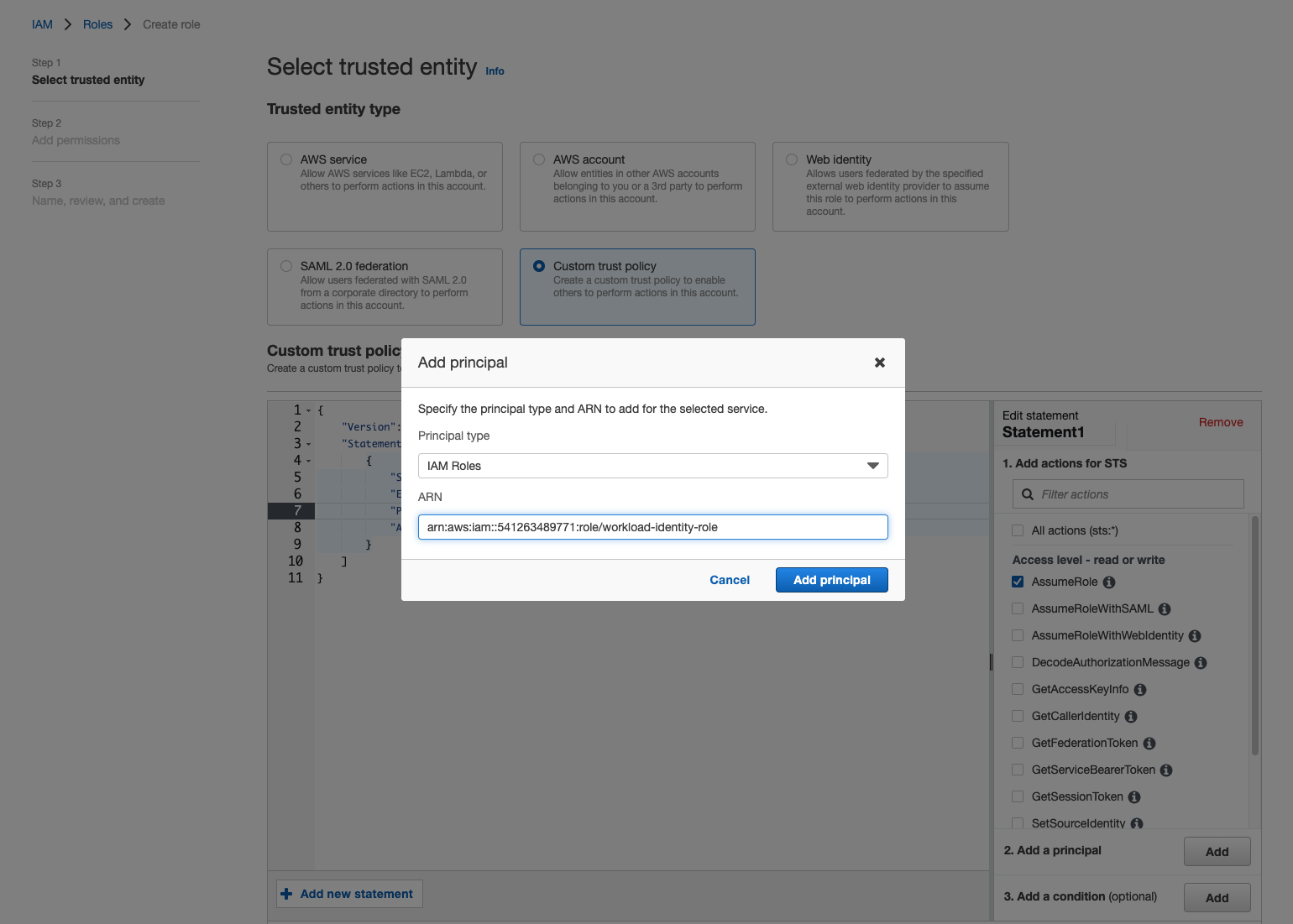 Dialog box to add principal with IAM roles selected